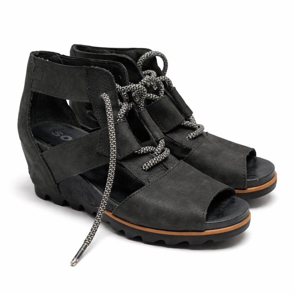 Sorel Joanie Sandal Size 8.5 Lace Up‎ Black Leather Wedge Cut Out Peep Toe Shoe